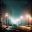 Placeholder: a photography of a dreamy street at night with identical streetlights lined up and fog liminal space