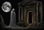 Placeholder: The solitary veiled figure draped in threads of decay standing at the midnight in moonlight next the Ruins, in backgrounde the luminous sinister moon, detailed, crepy stunning