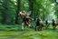 Placeholder: motion blur fast running caped long haired pixie Quickling - Forgotten Realms along winding branches in lush green forest along speeding horses , bokeh like f/0.8, tilt-shift lens 8k, high detail, smooth render, down-light, unreal engine, prize winning