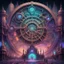 Placeholder: holographic projection of Clockwork city, in psychedelic art style