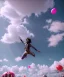 Placeholder: Ultra realistic clouds sky scene, wide angle, sweet childs falling down, man playing guitar, inflatable color clothing, free jumping flying, many trinkets, monster hair, hair monster, many jelly beans, balls, smile, happy, circus style, extreme, wind, clouds sea, 20,000 feet altitude, stratosphere, soft color, highly detailed, unreal engine 5, ray tracing, RTX, lumen lighting, ultra detail, volumetric lighting, 3d, finely drawn, high definition, high resolution.