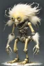 Placeholder: Artist Jean-Baptiste Monge style. A mechanical humanoid pale yellow filament-creature. White furry liquid tendrils. White eyes.