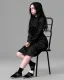 Placeholder: Billie Eilish, sitting on a chair, Black Short Dress, high detail, realistic