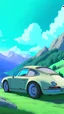 Placeholder: a porche car, mountains in the background, Ghibli style anime