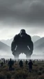 Placeholder: A field of random people at the end of the picture gray background an giant dark shadow of King Kong dark figure standing in under blurry gray planet , a huge mountains in the background cinematic, 8k