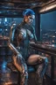 Placeholder: A beautyful transparent glass body biomechanical woman with black-blue hair, sitting in the cyberpunk rooftop bar in futuristic city, intricate details, HDR, beautifully shot, hyperrealistic, sharp focus, 64 megapixels, perfect composition, high contrast, cinematic