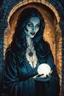 Placeholder: create a fine art print illustration of the spectral shade of a seductive, 13th century Jewish female vampire fortuneteller, clothed in an ornate but ragged bliaud with highly detailed feminine facial features, in the catacombs of the old city of Krakow, shrouded in a fetid mist at midnight , in the comic book art style of Bill Sienkiewicz, and Jean Giraud Moebius, finely textured, drawn, colored, and inked