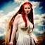 Placeholder: Very sensual gorgeous curvy young white woman redhead maiden dressed in white posing sensually with plaits, and with a skull in her hand, background of ancient marble Roman arcs heavenly sunshine beams divine bright soft focus holy in the clouds steampunk engine steampunk engine.