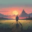 Placeholder: The holy kebab, simon stålenhag style, the kebab man running away on a empty grass field to the sunset, Mountains in the back