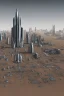 Placeholder: spaceship in an alien desert city surrounded by strange tall buildings