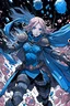 Placeholder: Dark Souls manga-style androgynous girl with pale pink hair, metal tiara, and blue eyes with medium blue armor, in a black coat, with dark blue gems in her greaves and gauntlets, holding two curves black claymores in both hands, with fight spirit in her eyes, jumping