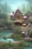 Placeholder: lac turquoise, petit rocher avec mousse, hobbit house,great flower fleurs pink and white, champignon, elfe très beau, etoile filante, cristaux, vray, cgi