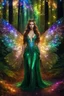 Placeholder: Front view photoshoot Gorgeous Photography Ultra Realistic Natural Skin Beauty, Beautiful Fairy woman straddle wings with gown shiny brown flowing hair, glitter colorful fairy wings, lovely glowing green eyes, surrounded by magical colorful forest and flickering lights, digital photography, kaleidoscope, vibrant colors, vivid colors, colorful,in dark midnight magic lights forest ,full sparkling light, close-up portrait