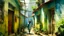 Placeholder: Tropical alley with moss covered walls, soaked hanging laundry and loose chickens; an old man smokes at the doorway. Saturated Caribbean watercolor style