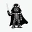 Placeholder: simple black and white ink drawing of darth vader like character in chibi style waving his arm and holding a light sabre in the other hand on a white background