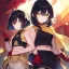 Placeholder: Clear focus,High resolution, Black short fluffy hair, and yellow eyes, wearing a black short skirt, sleeveless crop top, wearing long dark red gloves, yellow cloak, Holding hand out