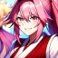 Placeholder: Clear focus, 8k, beautiful lighting, vibrant colors, girl, pink hair, long hair, vibrant pink eyes, miko, ponytail, hair in between the eyes, up close, laughing, angry, messy hair,