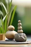 Placeholder: delicate background with spa stones and a bamboo stem, on a blurred background, a female curved statue sits on the stones, photorealistic photo