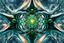 Placeholder: Dynamic complex hypnotic fractal 3D structures Symmetry twisting and morphing between plants and metall geometric forms , smooth translucent iridescent glass with inner glow and bubbles, varied transparent materials, stormy skies, intense dramatic