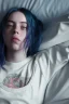 Placeholder: Billie Eilish, on the bed, in my underwear, pale skin, high detail, realistic, 8k, not to be distinguished from a photo