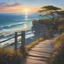 Placeholder: Cliffs overlooking the seaside, dynamic waves crashing, rustic wooden fence lining the cliff edge, expansive ocean view with a distant horizon, sky painted with the colors of dawn, a solitary tree standing prominently with thick, twisting branches, a weathered swing gently swaying, an innocent child with ringlet hair and sparkling gray eyes, dressed in a flowing white homespun dress adorned with little white flowers, wild blooms scattered around, a charming woven rope swing hanging from a sturdy