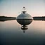 Placeholder: one large intricate space craft , hatches and antennas and soda lights , portholes , on a wide lake on a summers evening, Sweden , luminescent ,35 mm focal length