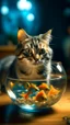 Placeholder: portrait of confused old cat holding a glass bowl with an animated gold fishes and sharks in glass nursery having grown beaks and claws, bokeh like f/0.8, tilt-shift lens 8k, high detail, smooth render, down-light, unreal engine, prize winning