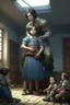 Placeholder: a giant woman protect 3 children, realistic style, interior of asylum