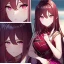 Placeholder: Clear focus,8k,Beatiful Lighting,Beatiful Blur,Beatiful Face,Beatiful Shading,Crimson long hair,silky hair, long silky bangs, pink eyes, wearing a detailed outfit outfit,must wear a short black skirt, Hair in eyes, lot of hair,One arm is sleeveless,Extreme Close Up