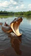 Placeholder: A giant Anaconda snake in the Amazon attacking a boat with a man on it