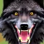 Placeholder: black alpha wolf baring teeth photorealistic