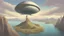 Placeholder: aerie made of rock reaching hundreds of feet into the sky, in a lake, with a flying saucer over head