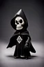 Placeholder: 1950s goofy vinyl toy of a skull face character wearing a black hooded cloak, drawn in a early animation rubber hose animation style, inside a lighter diamond shape on a black background, monochromatic