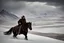 Placeholder: A cowboy traverses a vast expanse of icy mountains during a tumultuous winter storm. The biting winds howl fiercely, whipping snowflakes into a frenzy around him. Clad in weathered leather, he presses forward, his determined stride defying the harsh elements. The mountains stand sentinel-like, their peaks obscured by the tempest's fury, creating an otherworldly, desolate landscape. Photo taken by Victoria Will with a Nikon D850 and a telephoto lens. Award Winning Photography style, Natural light