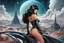 Placeholder: erotic sci-fi pin-up girl, with long dark hair with bangs, on an alien planet with cloud trees, tall spires, buildings, bridges, arches, photorealistic