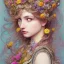 Placeholder: portrait,"Insanely detailed photograph of a beautiful Queen of the light Goddess,gorgeous clean face, highly intricate dress,intricately designed colorful flowers in hair,elegant, highly detailed hair, digital painting, artstation, concept art, smooth, sharp focus, illustration, art by artgerm and greg rutkowski, alphonse mucha,Dan witz, 8 k,looking downward,album cover art,fantasy