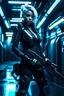 Placeholder: "Ultra realistic full body shot a woman in a futuristic suit holding a gun in her hand, looking at the camera,full legs, cyberpunk, neo-figurative,concept ,full length view, face , full size, science, technology,future,electric ,futuristic style, design, practicality,manufacturability,performance, HOF, professional photographer, captured with professional DSLR camera, trending on Artstation, 64k, full size, ultra detailed, ultra accurate detailed, bokeh lighting, surrealism, background, detailed