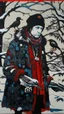 Placeholder: A contemporary serigraphy portrait by Matisse and Kunisada of a human-like crow dressed with a punk leather jacket within a snowy Christmas atmosphere.