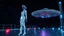 Placeholder: "Artistic photography (((FULL BODY from HEAD to FEET +profile))), enormous almond shape lighted crystal clear eyes, she is gorgeous, dressed in a white shiny jumpsuit she is a gorgeous smiling extra terrestrial woman with indigo purple blue skin with a high elongated skull like Nefertiti, 40 y/o asian, she wears white tight boots, and she is outside on the flying saucers large landing deck of the space station in cosmos.