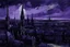 Placeholder: A dark purple city with a church painted by Claude Monet