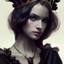 Placeholder: young queen of darkness with a perfect crown, flannel jacket, shoulder-length hairstyle, black lace choker, dark eyeshadow, black eyeliner, high arch angular eyebrows, head and shoulders portrait, 8k resolution concept art portrait by Greg Rutkowski, Artgerm, WLOP, Alphonse Mucha dynamic lighting, hyperdetailed, intricately detailed, Splash art trending on Artstation