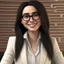 Placeholder: a portrait of smiling woman wearing ivory blazer with white shirt inside. long black hair, messy hair. light skin. black eye pupils. big nose. pear face shape. wearing small rectangle glasses. thick eyebrow. pixar style. 3D. 4k. portrait. highly detailed. sharp focus. high resolution. full color. cinema lighting