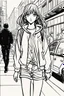 Placeholder: girl walk on the streets, manga style, line arts illustration