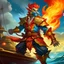 Placeholder: Captain Kipp is a fire genasi who is determined to become king of the pirates one day with his crew of Kobolds, he stands aboard his ship with his flaming Mohawk streaming in the wind. His red skin gleams in the sun. He wears a long blue coat with golden trim and bandolier style sword sheaths. His pants are baggy and colorful