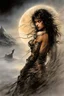 Placeholder: Hyper-photorealistic watercolor art style by Luis Royo & Stephan Martiniere, Surreal fine art etching of a figure by Luis Royo, tanned skin inscribed with the transient story of mortality, ethereal light playing with its form whispering tales of an eternal realm, eyes, black as the depths of the night, ardently pinand looking towards the endless skies, of black hair mirroring the mystery of the cosmos around, whole scene tinged with an ethereal softness from volumetric lighting, hues gr,