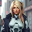 Placeholder: a pretty blonde woman with a robot torso wearing streetwear, cyberpunk, digital art, stylised