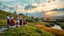 Placeholder: a group of young ladies and young men in Azerbeijan cotum are dancing to camera in village over high grassy hills,a small fall and river and wild flowers at river sides, trees houses ,next to Ripe wheat ready for harvest farm,windmill ,a pretty train is arriving to station,cloudy sun set sky