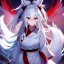 Placeholder: Clear focus, 8k, beautiful lighting, vibrant colors, fox girl, white hair, long hair, vibrant red eyes, ponytail, messy hair, hair in between the eyes, miko