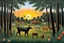 Placeholder: A forest glade with animals at sunset by artist "Henri Rousseau" with an axe