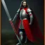 Placeholder: Standing king with his sword , portrait , red cape , armor , night , Stars , long hair